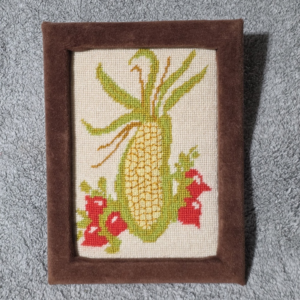 Vintage Cross Stitch Ear Of Corn Terry Cloth Covered Frame 9x7 70s Vibes